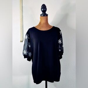 CeCe Black Blouse – Sheer Embroidered Floral Sleeves | Size XL